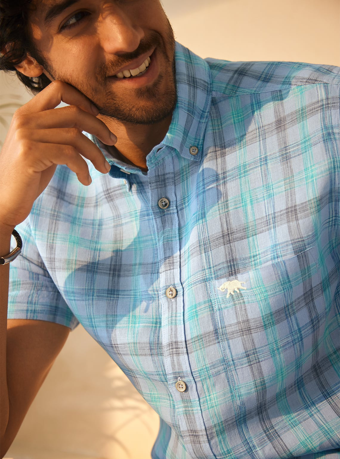 Riverbed Blue Check Half Shirt