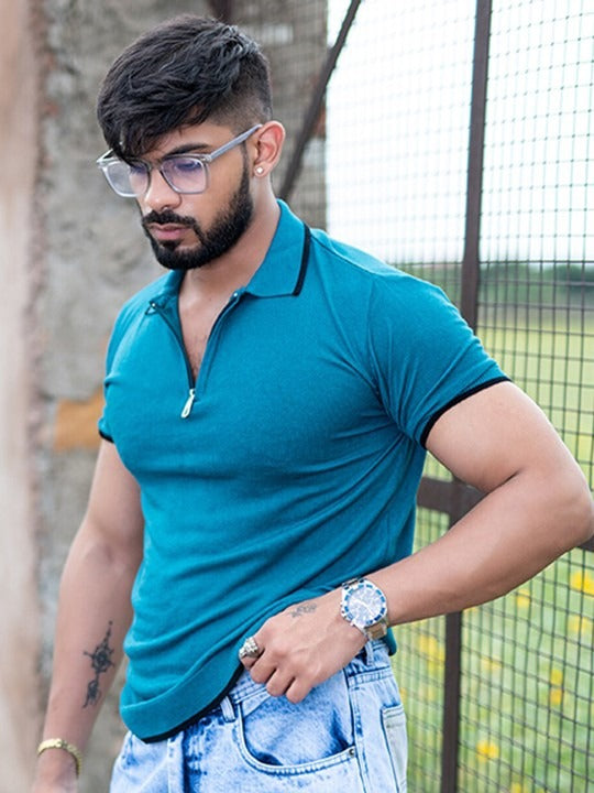 Blue Polo Collar Cotton T-Shirt for Men