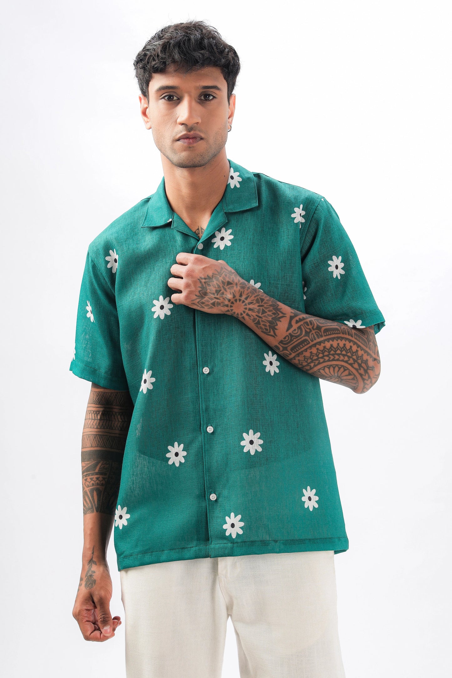 Green flower printed  linen shirt