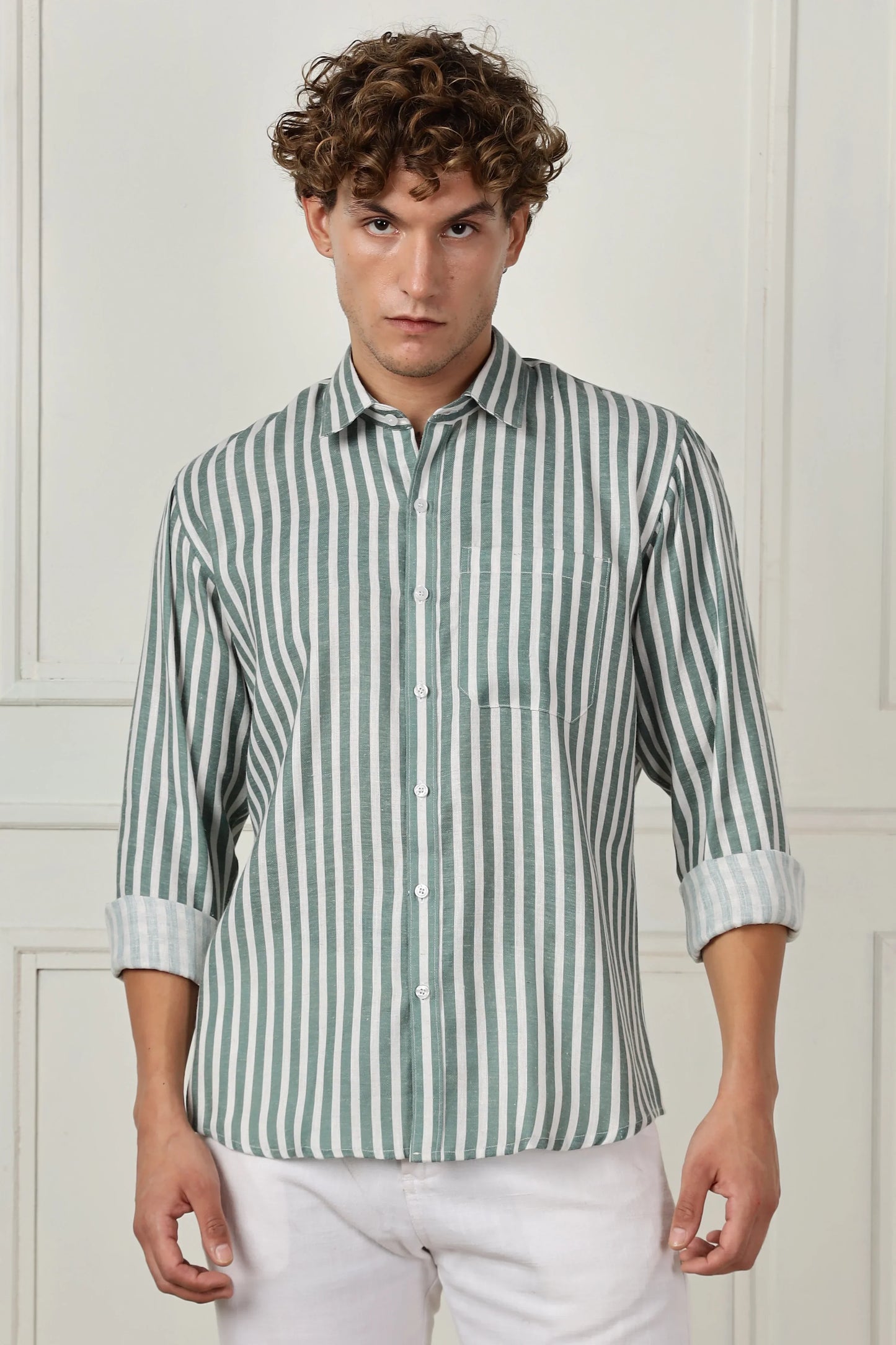 Green stripe printed full sleeve linen shirt