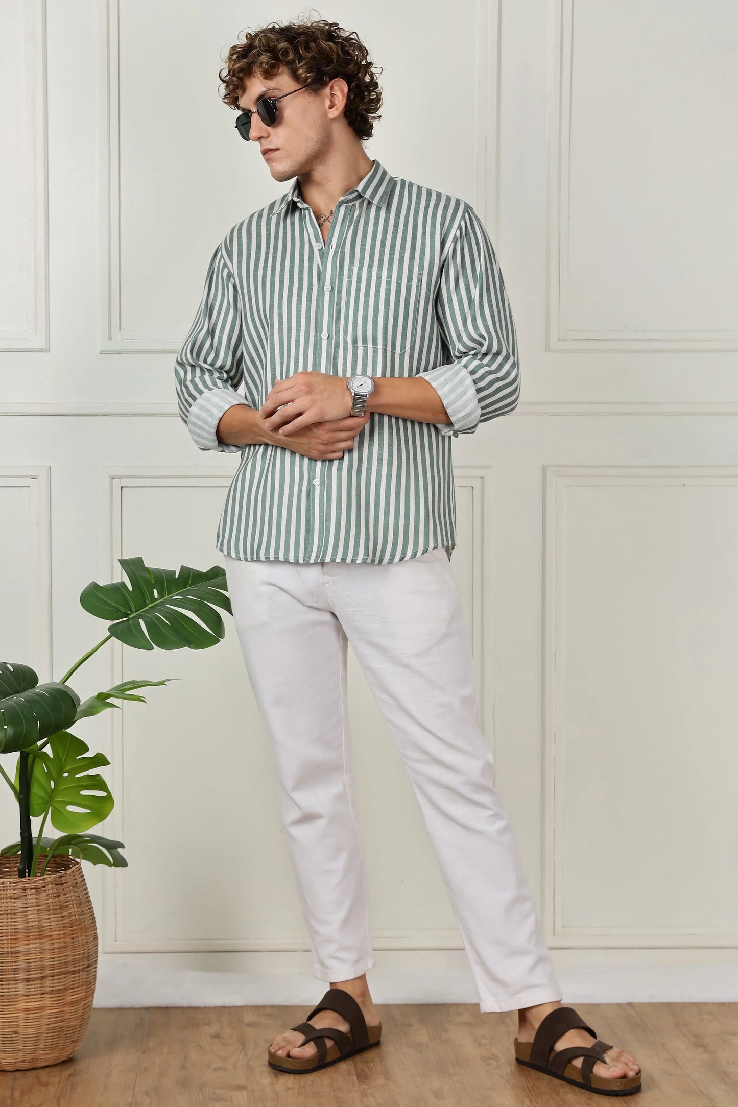 Green stripe printed full sleeve linen shirt
