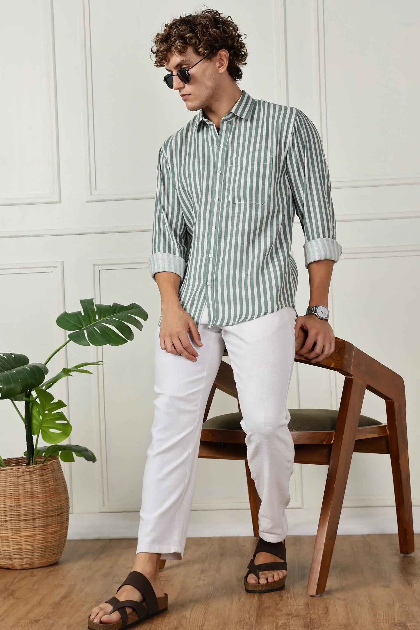 Green stripe printed full sleeve linen shirt