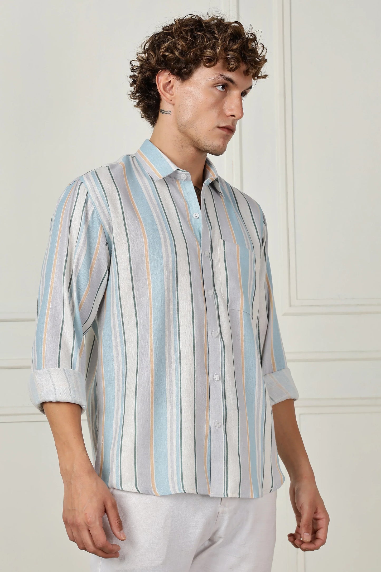 Skyblue stripe printed full sleeve linen shirt