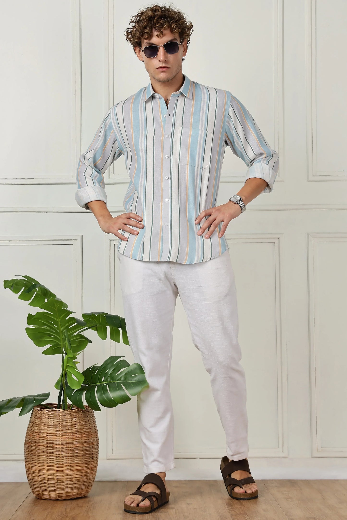 Skyblue stripe printed full sleeve linen shirt