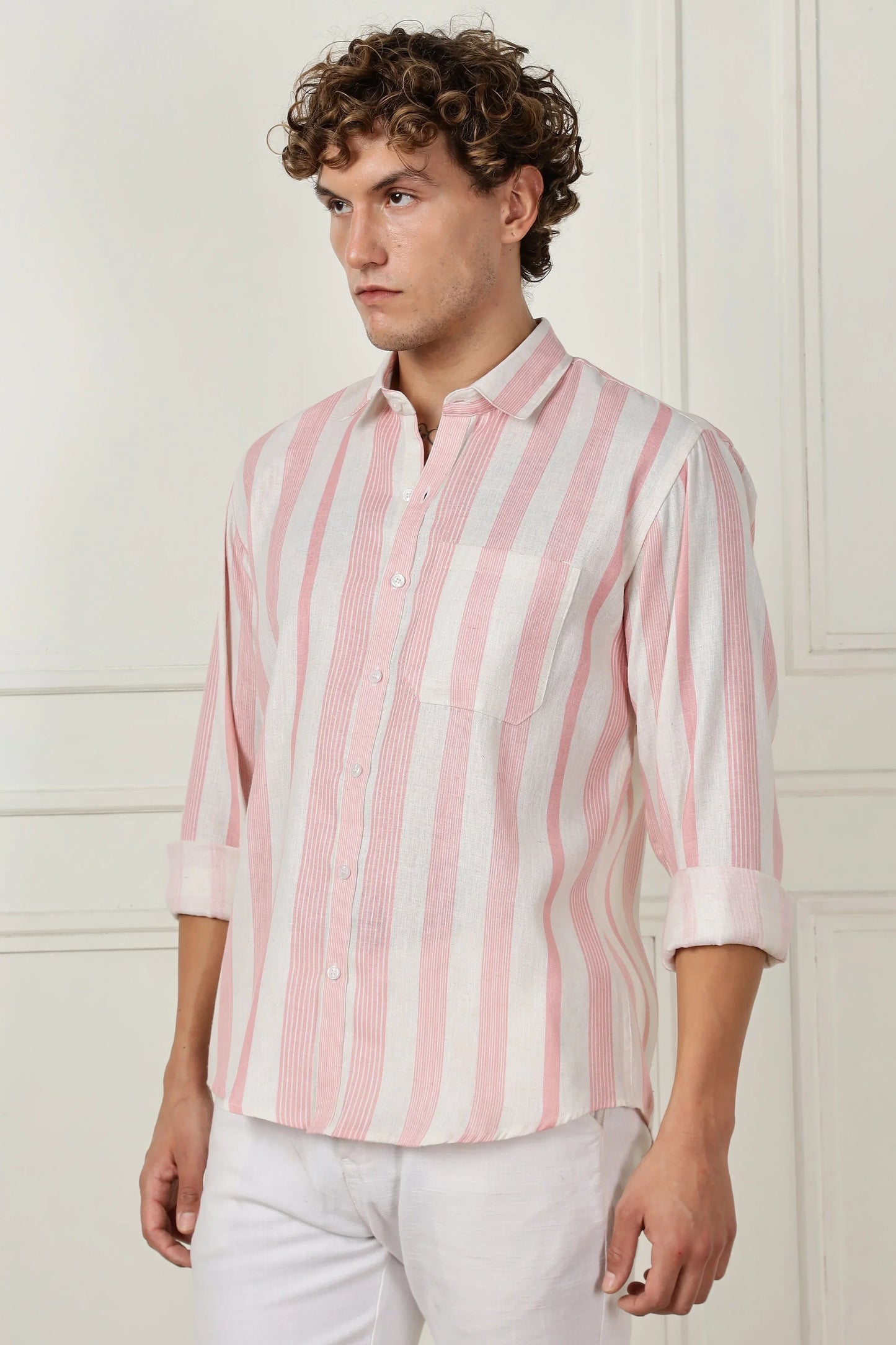 Pink stripe printed full sleeve linen shirt