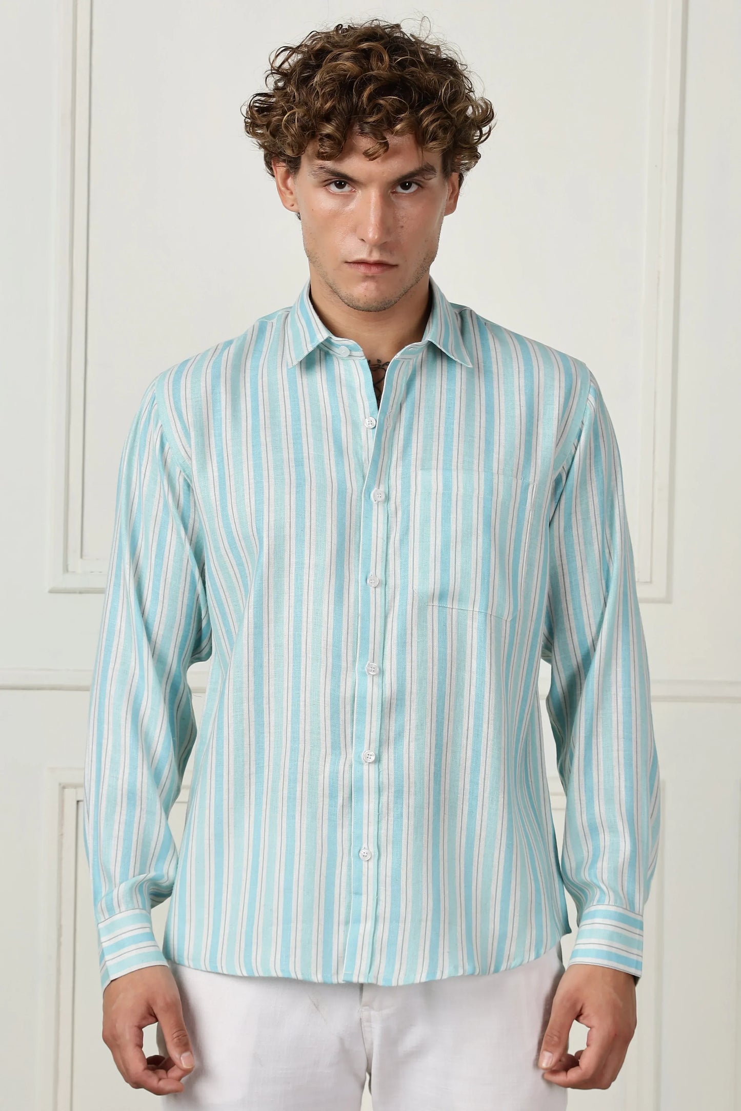 turquoise stripe printed full sleeve linen shirt