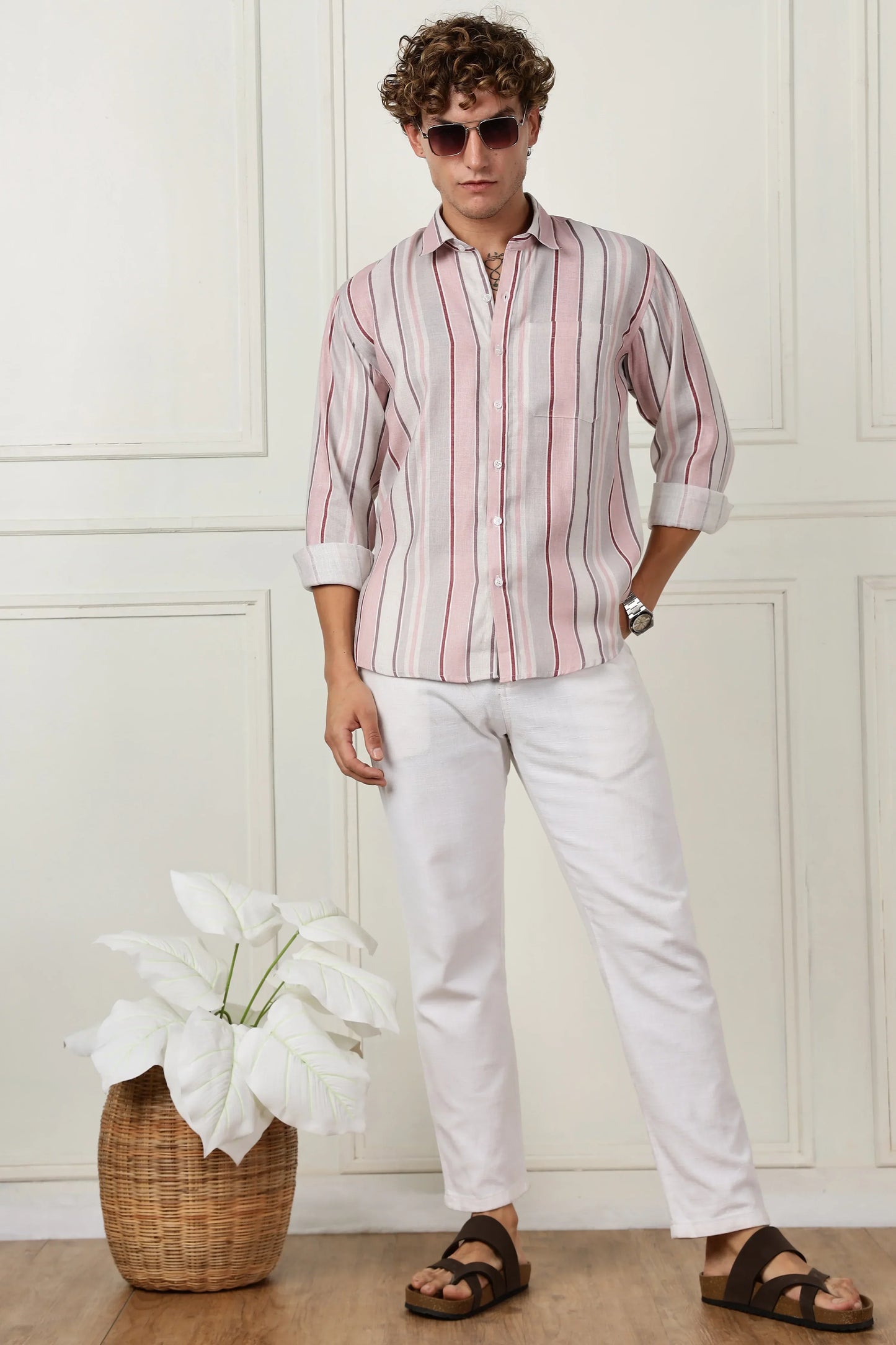 Pink stripe printed full sleeve linen shirt