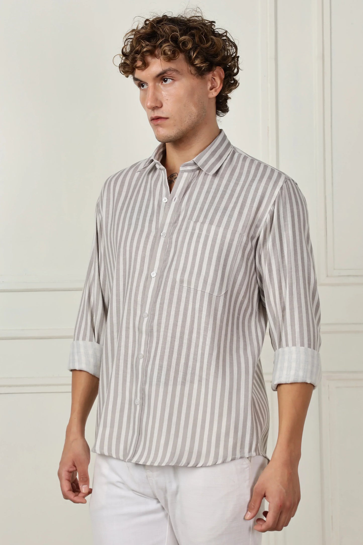 Grey stripe printed full sleeve linen shirt