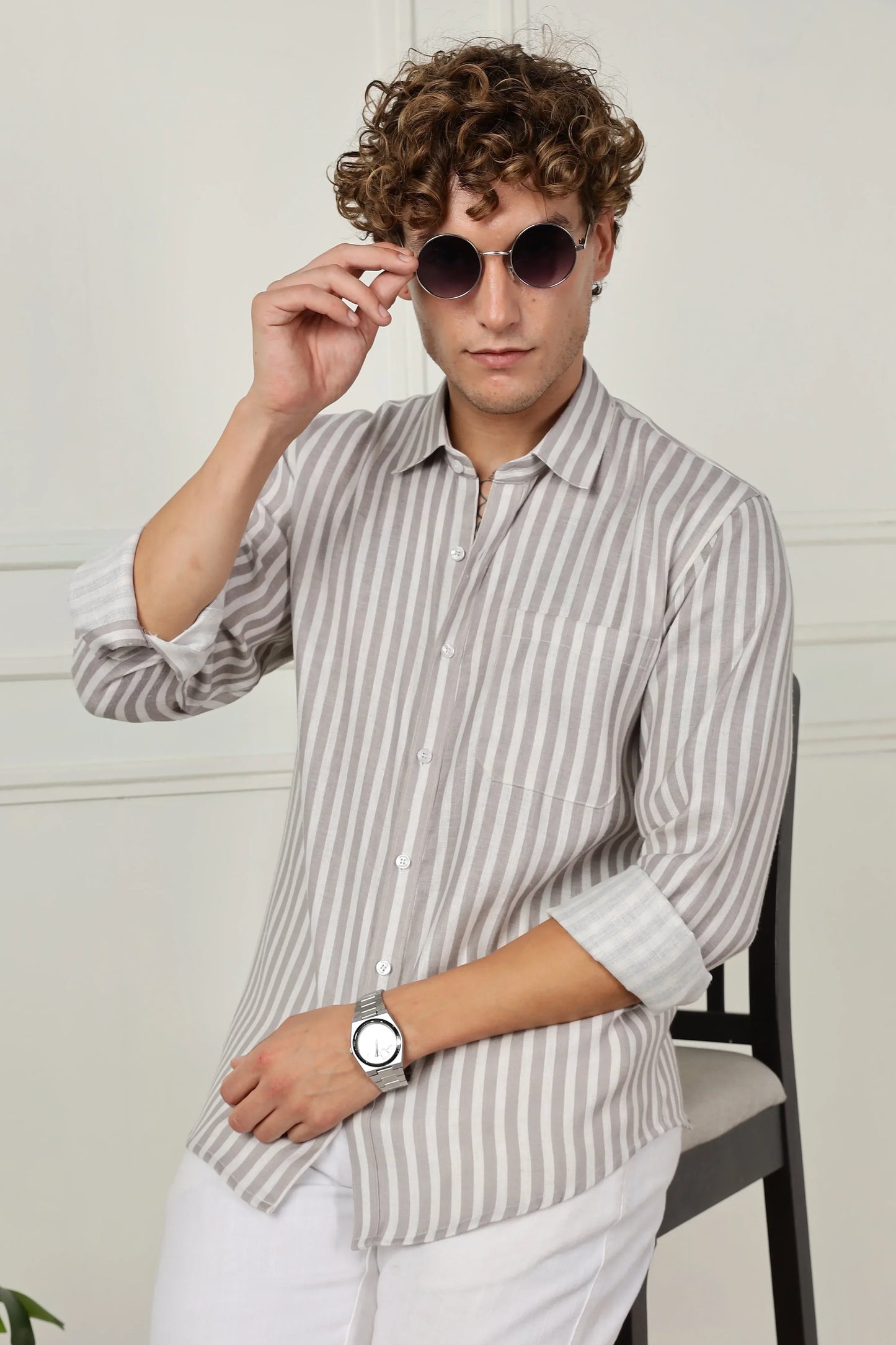 Grey stripe printed full sleeve linen shirt
