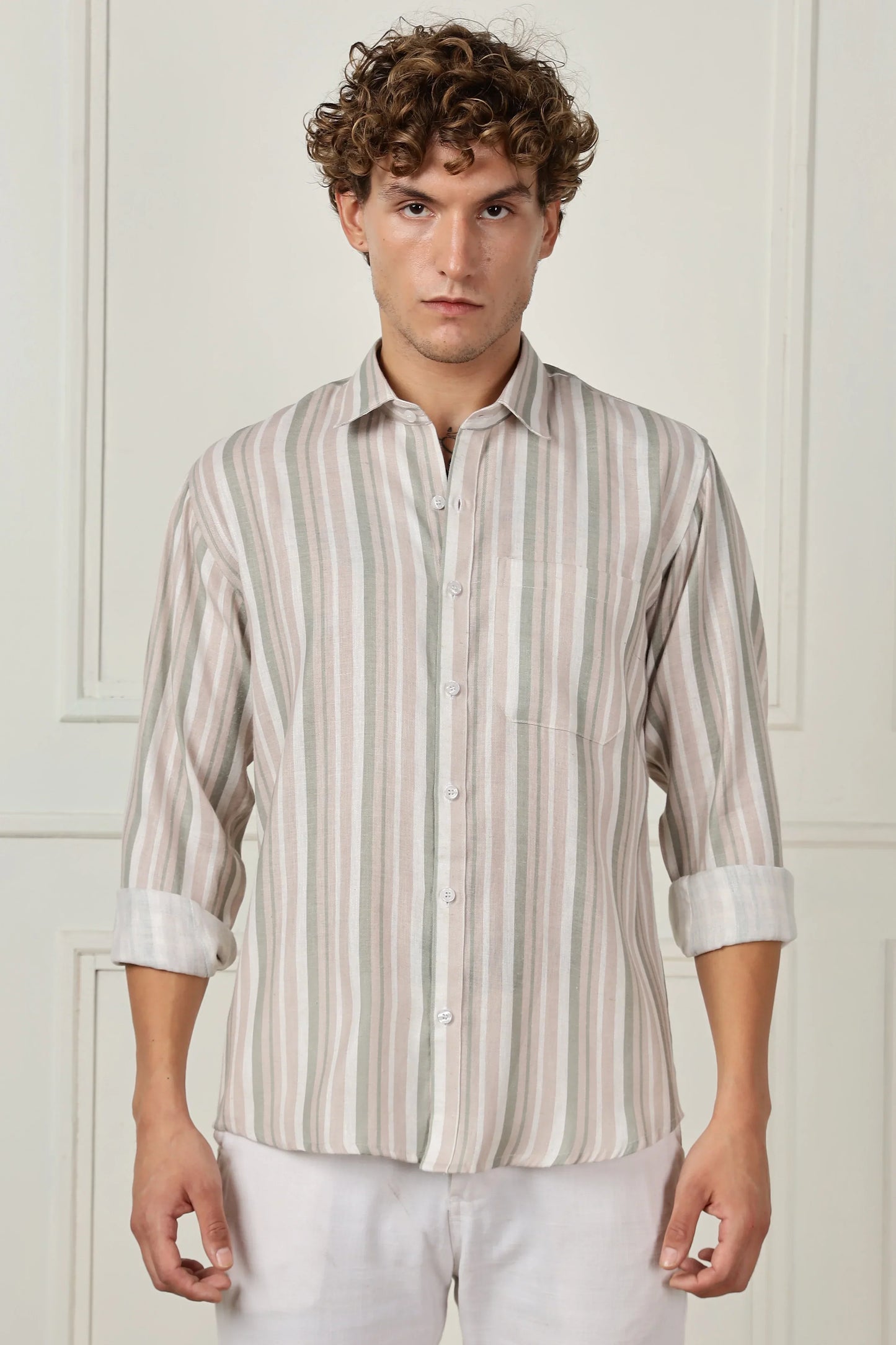Beige stripe printed full sleeve linen shirt