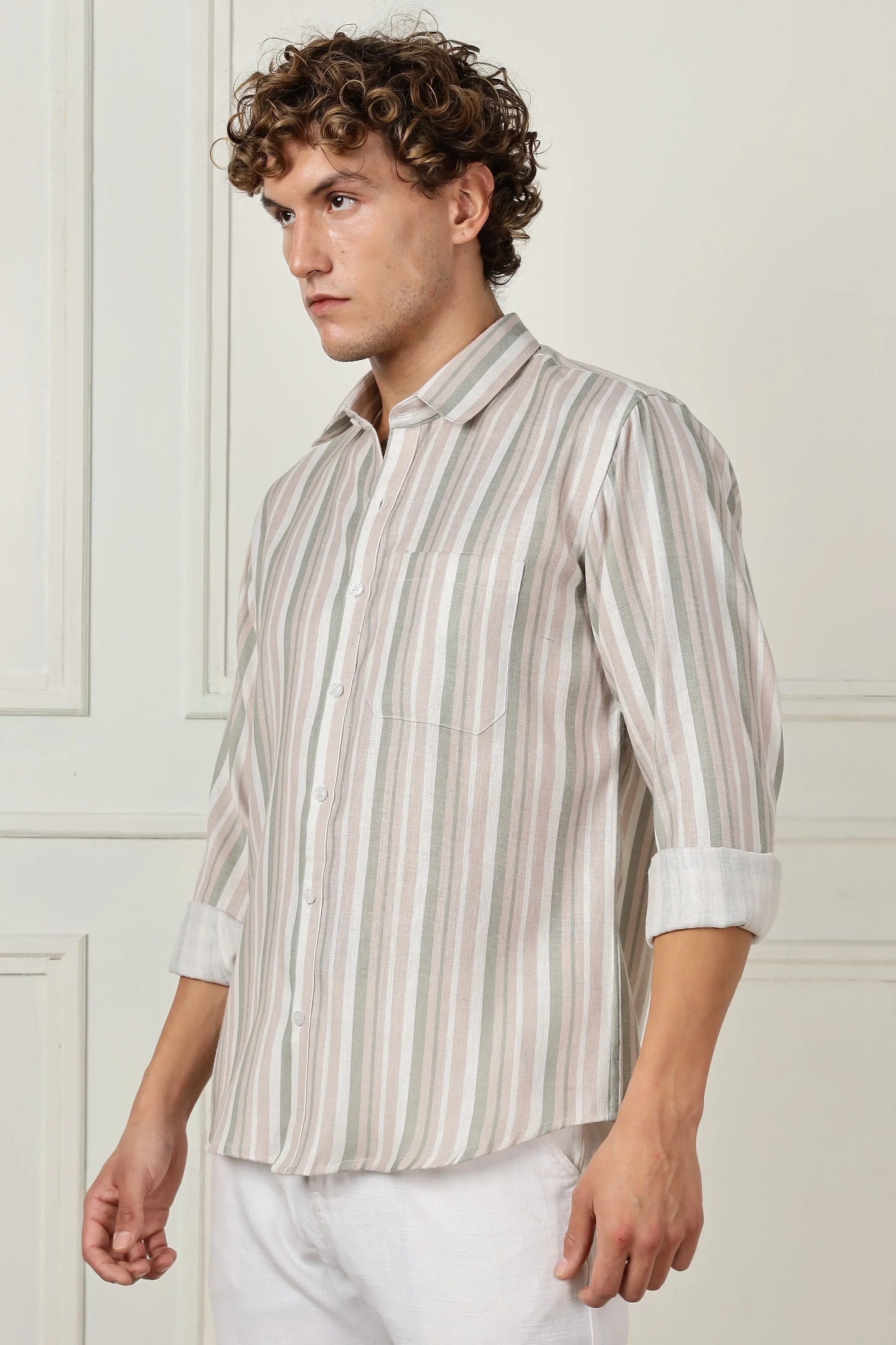 Beige stripe printed full sleeve linen shirt