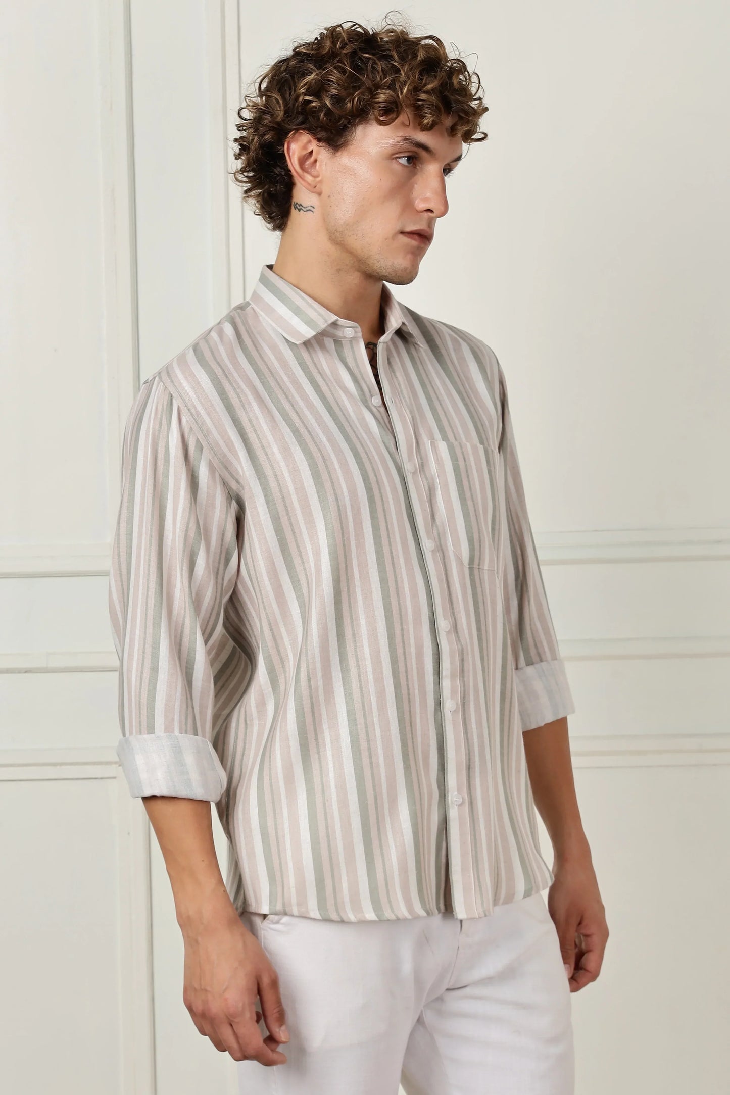 Beige stripe printed full sleeve linen shirt