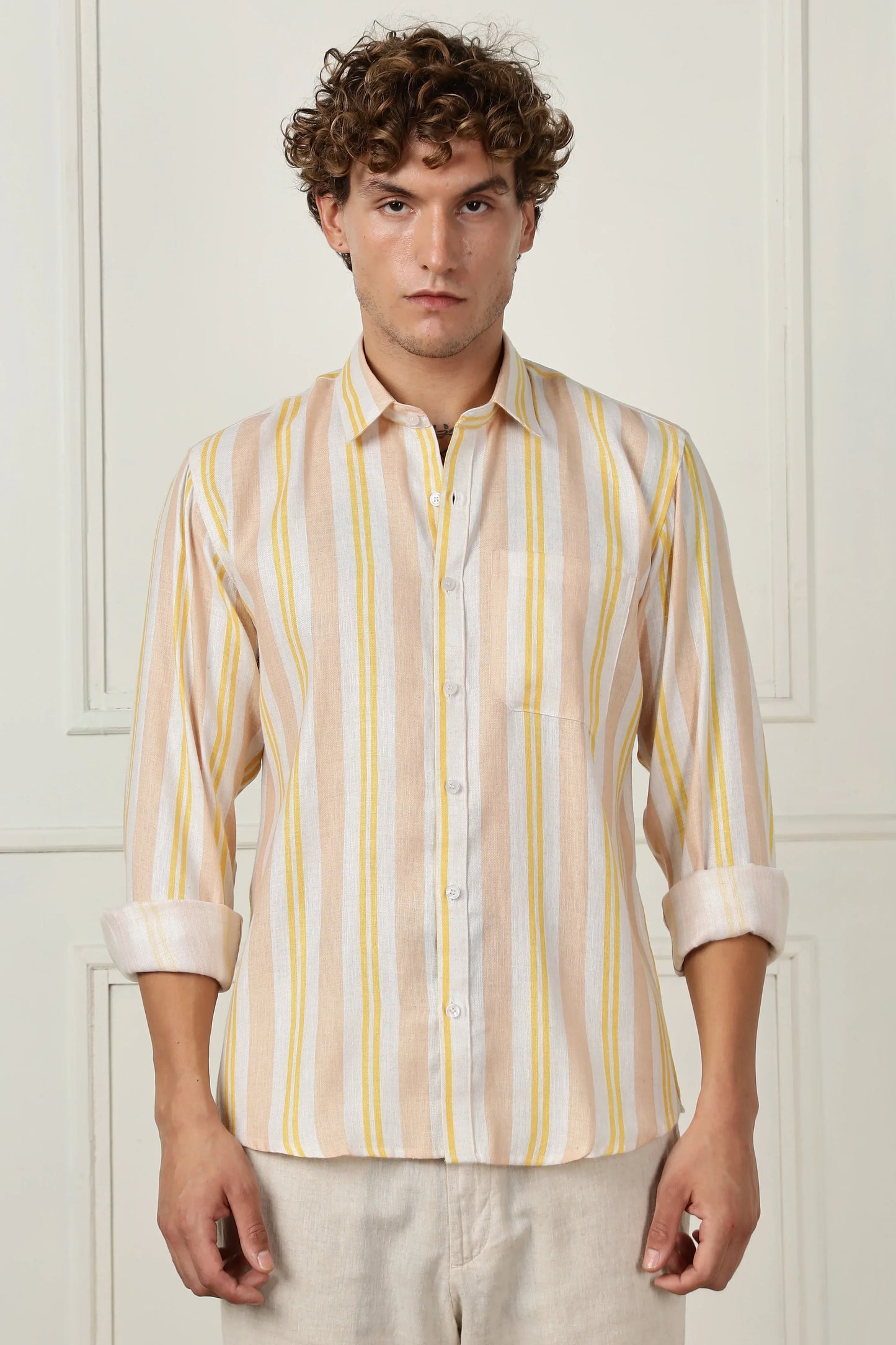 Yellow stripe printed full sleeve linen shirt