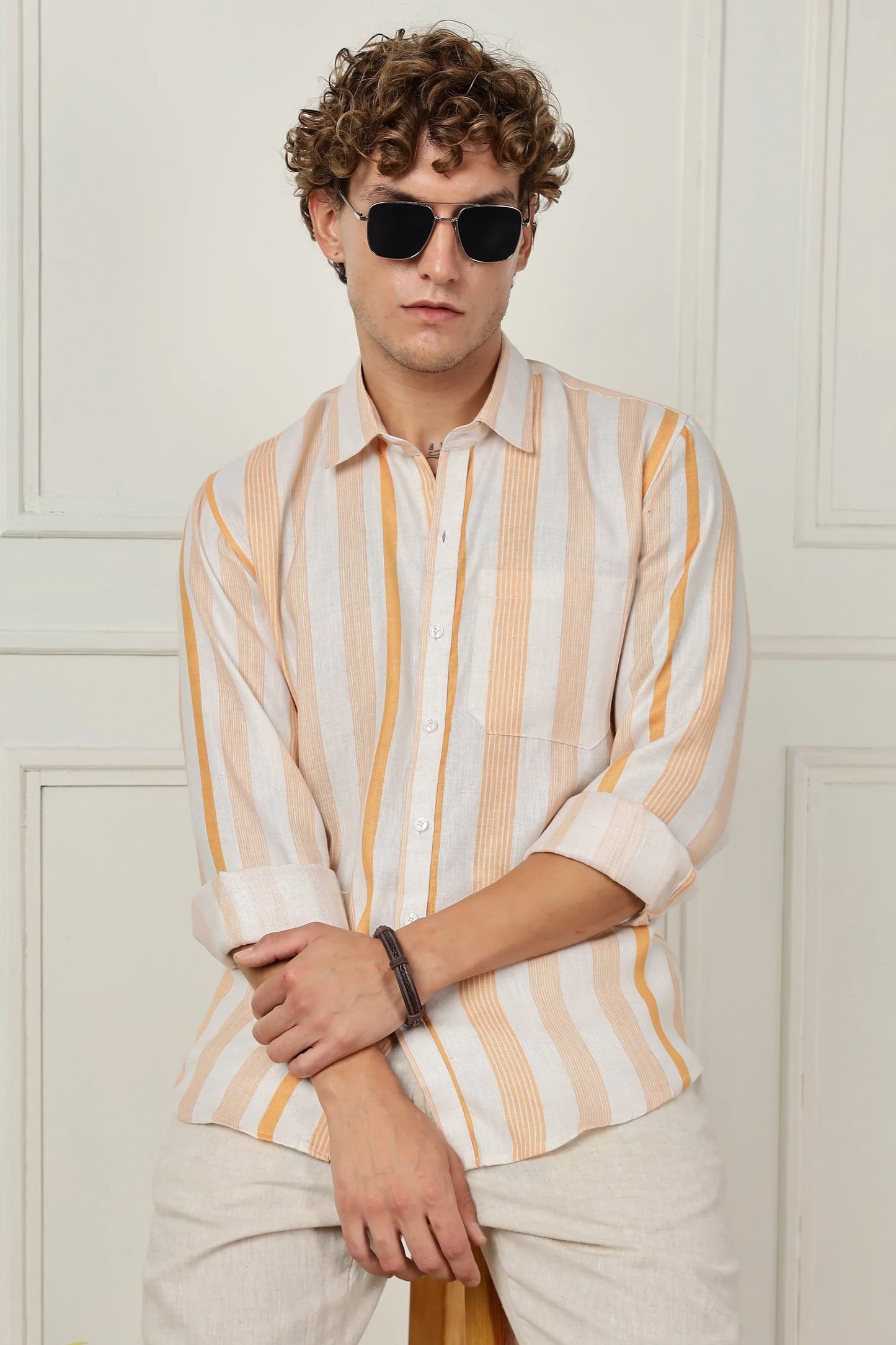 Orange stripe printed full sleeve linen shirt