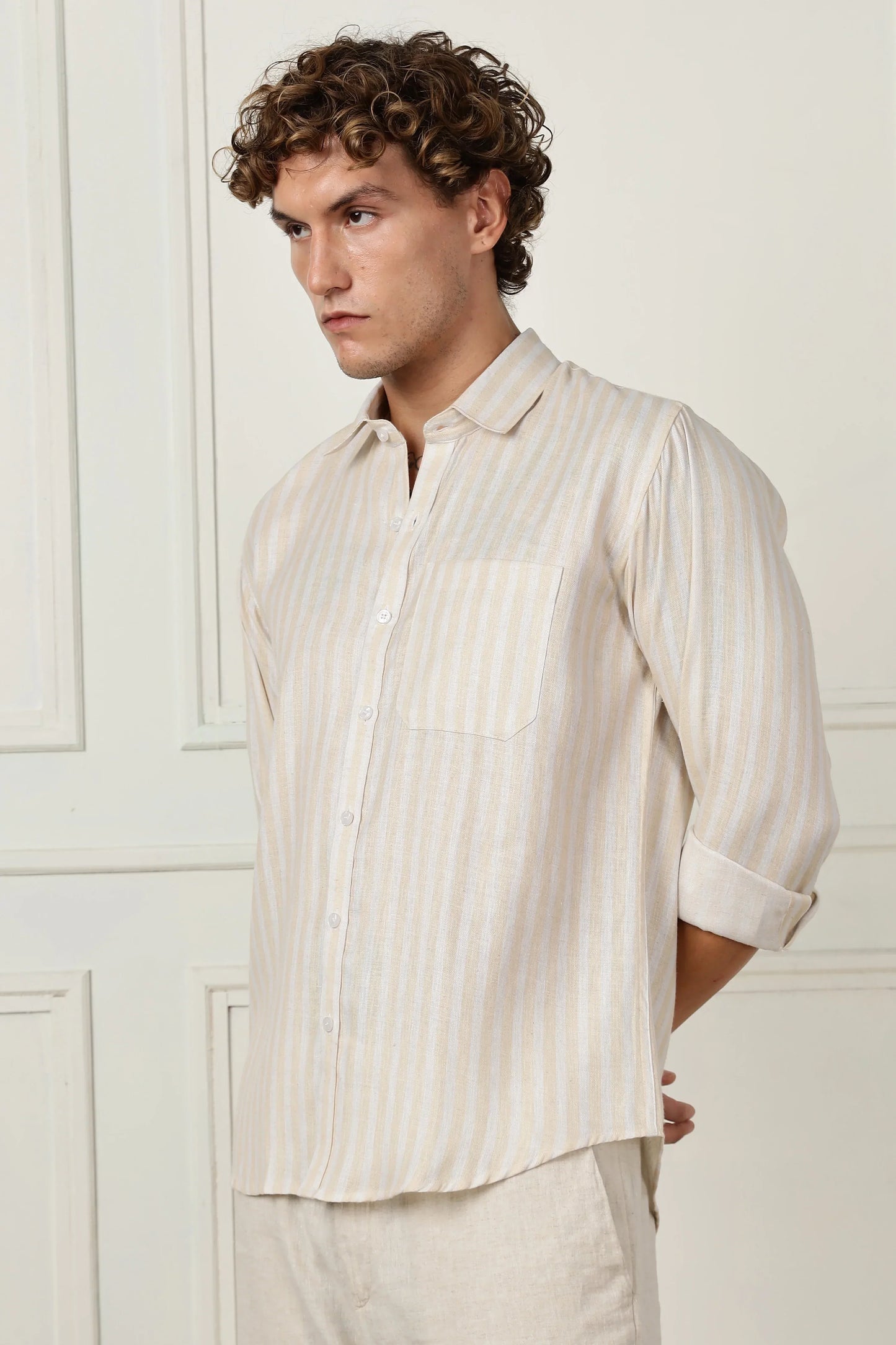 Yellow stripe printed full sleeve linen shirt