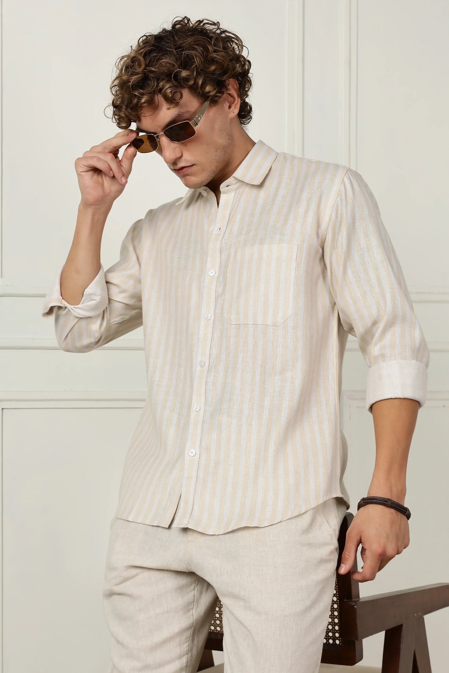 Yellow stripe printed full sleeve linen shirt