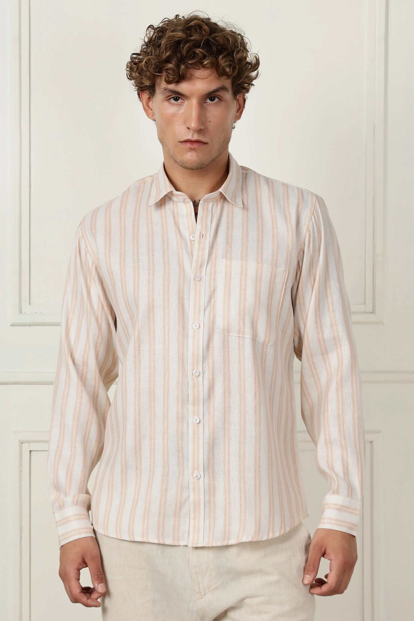 Orange stripe printed full sleeve linen shirt