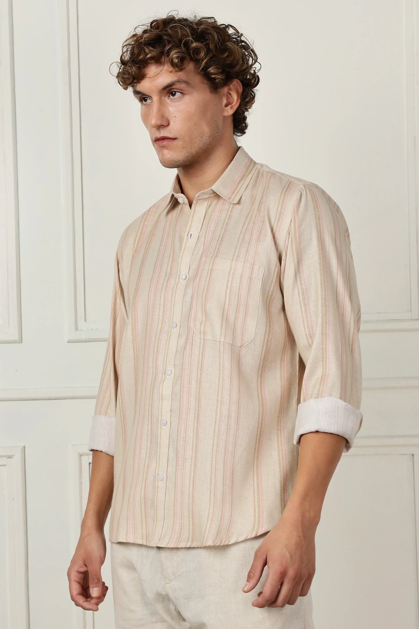 Beige stripe printed full sleeve linen shirt