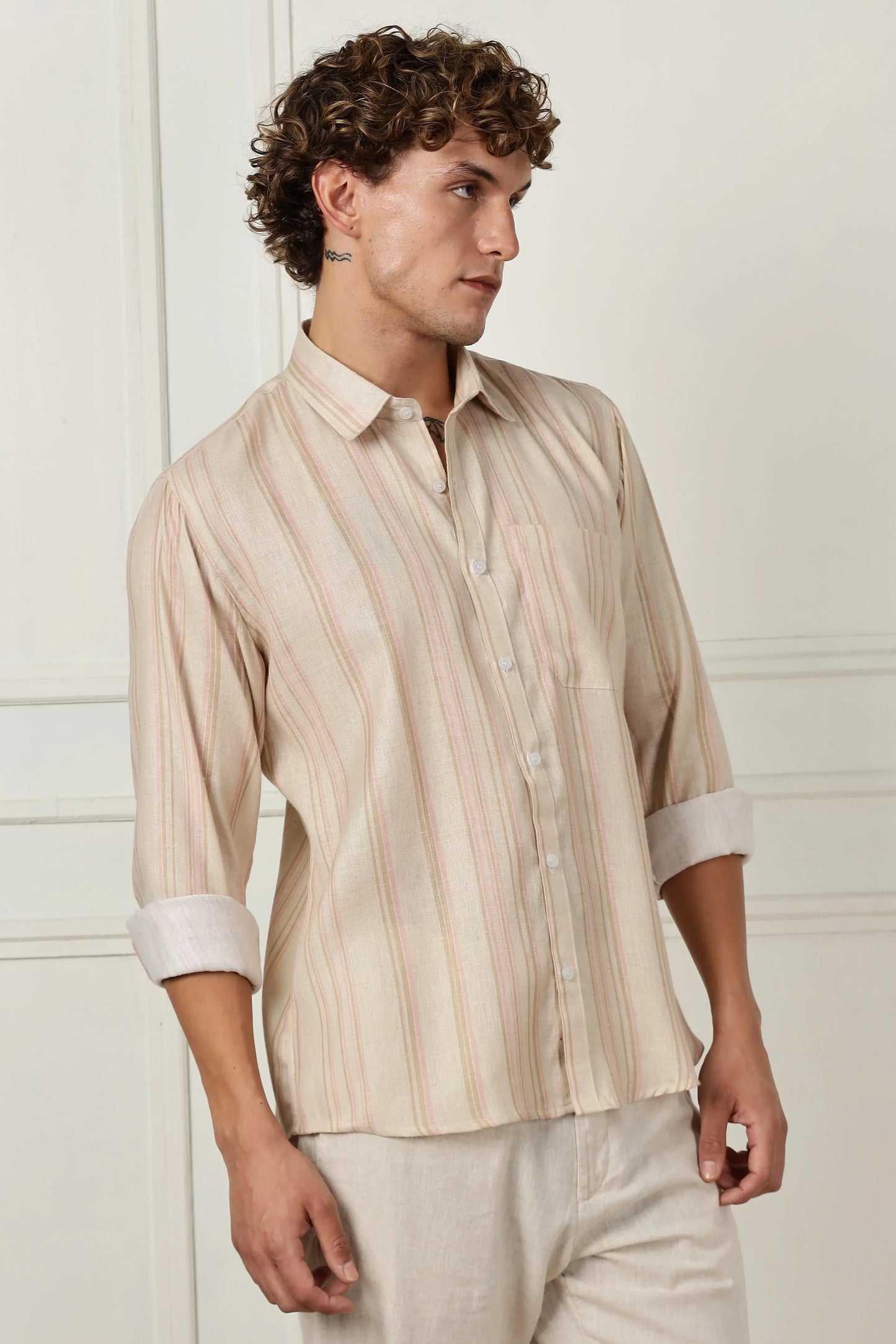 Beige stripe printed full sleeve linen shirt