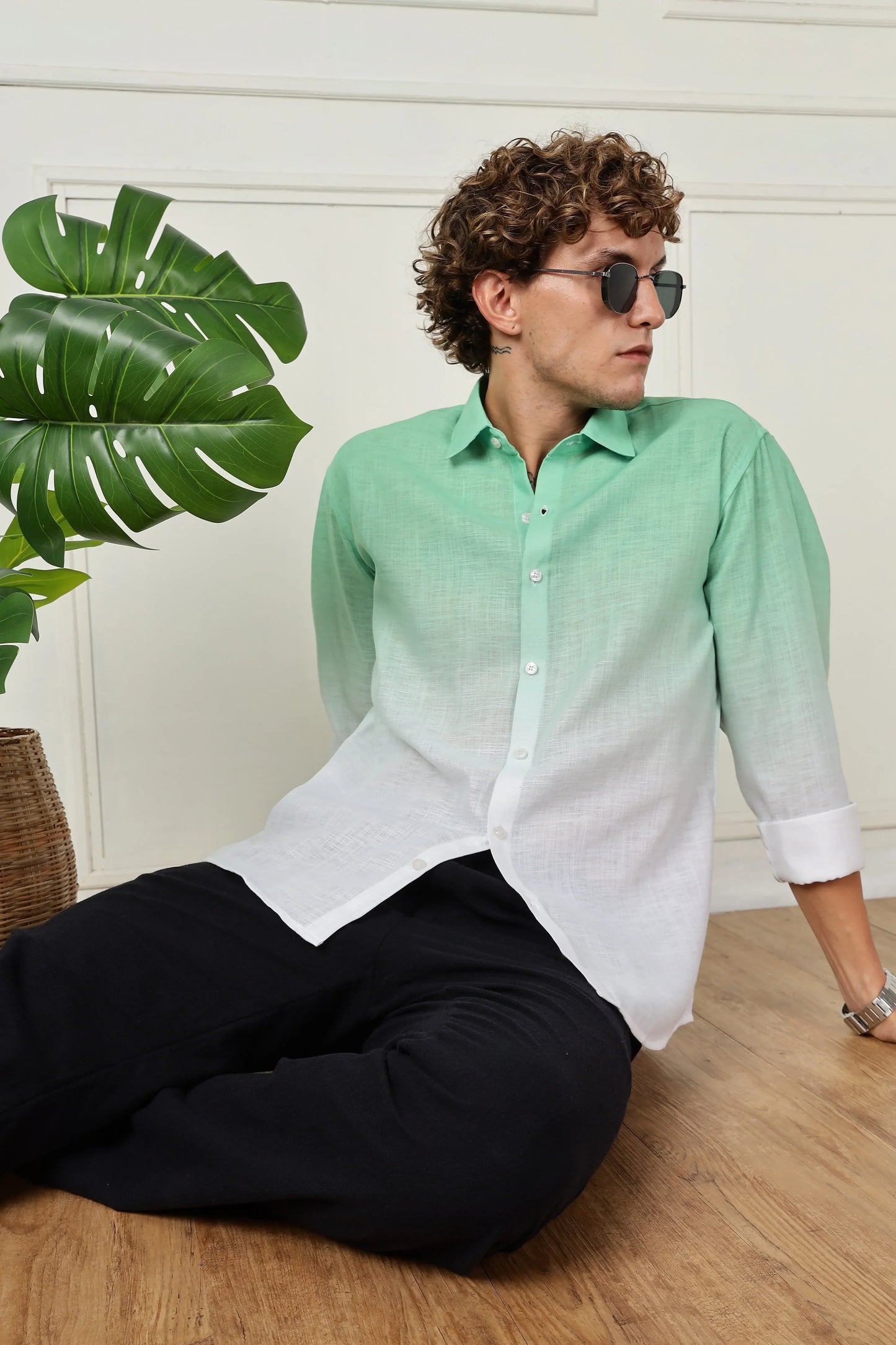 Mint green ombre full sleeve linen shirt