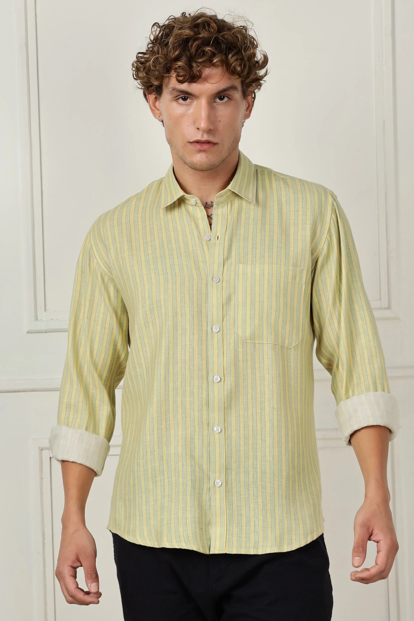 Mustard stripe printed full sleeve linen shirt