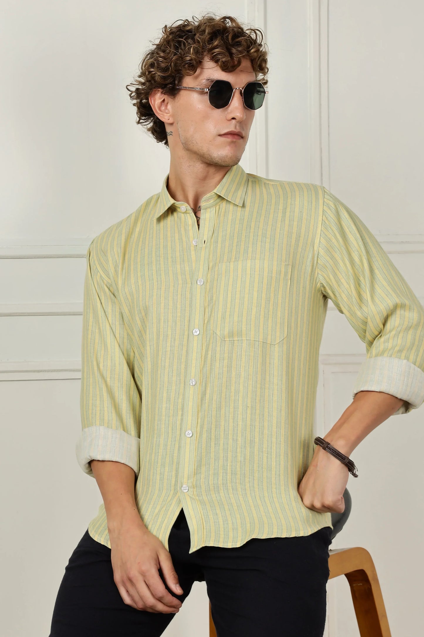 Mustard stripe printed full sleeve linen shirt