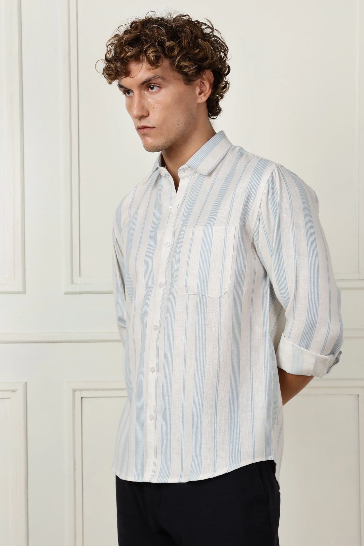 Skyblue stripe printed full sleeve linen shirt