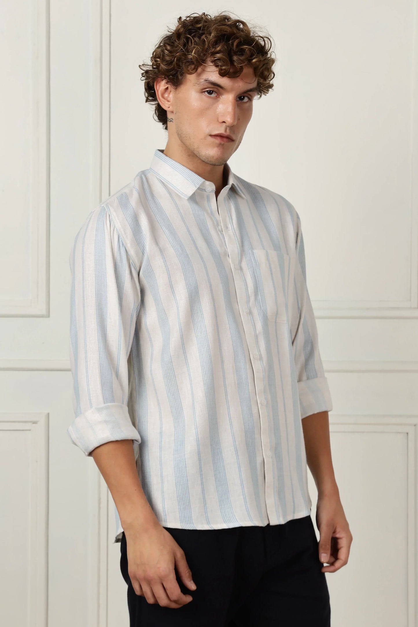 Skyblue stripe printed full sleeve linen shirt