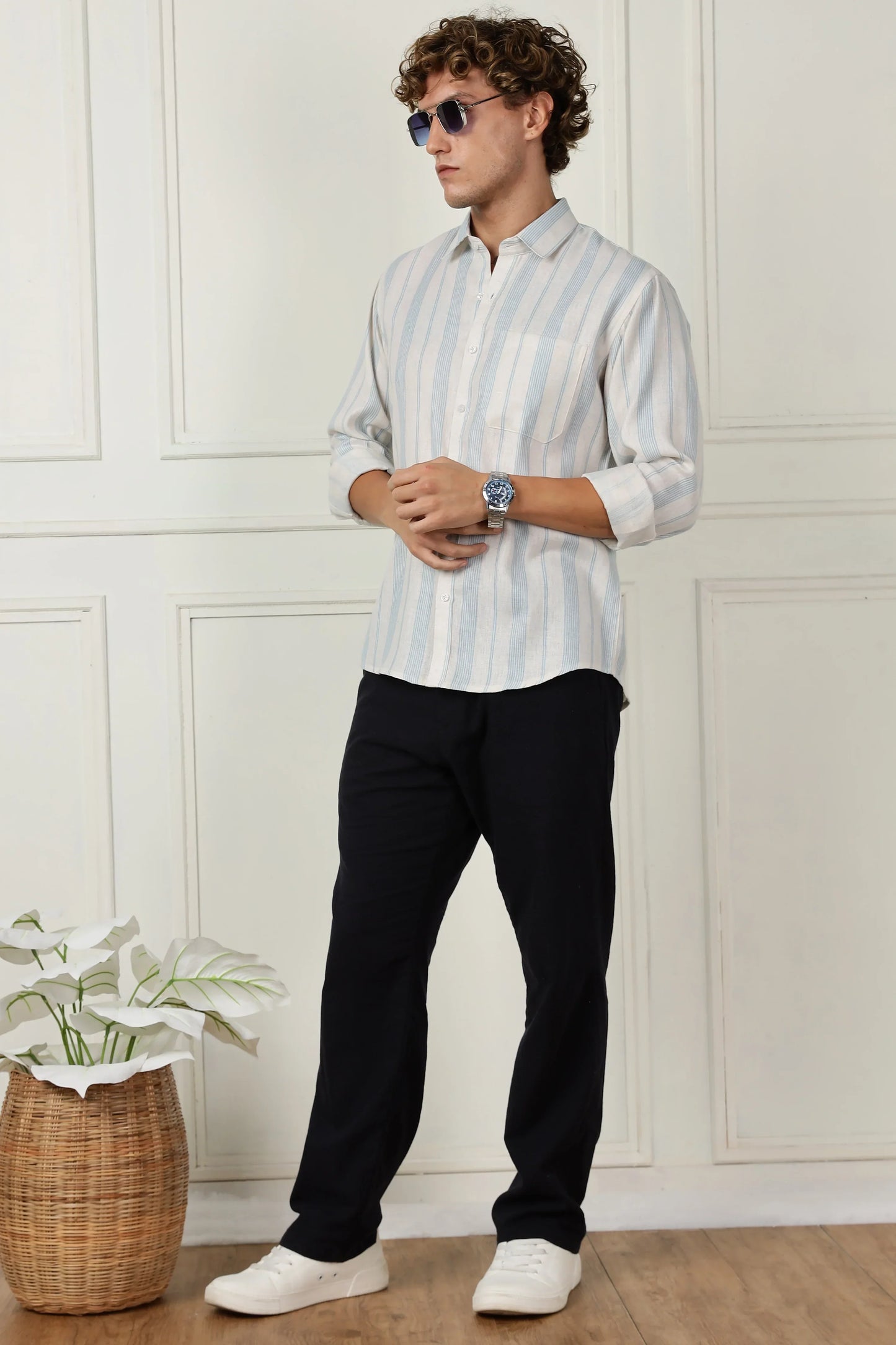Skyblue stripe printed full sleeve linen shirt
