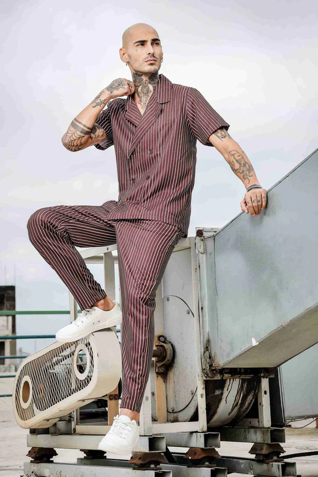 Jacquard Pinstripe Textured Korean Streetwear Co-ord Set