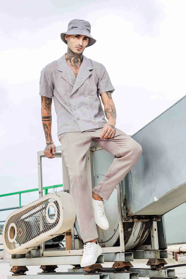 Beige Linen Embroidered Notched Lapel Korean Shirt & Solid Linen All Day Pants Co-ord Set
