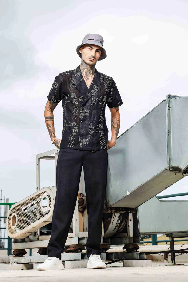 Black Linen Embroidered Notched Lapel Korean Shirt & All Day Pants Co-ord Set