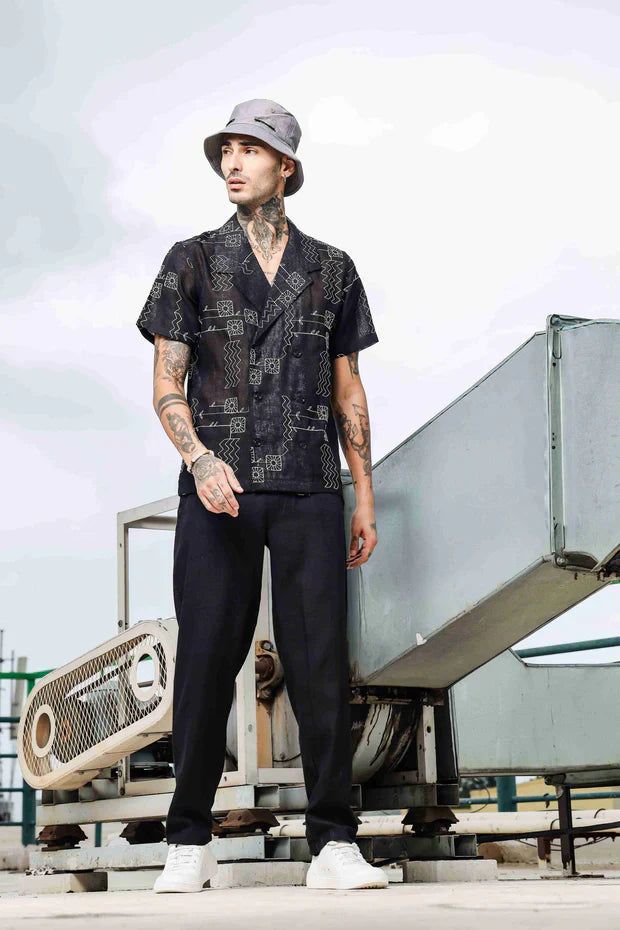Black Linen Embroidered Notched Lapel Korean Shirt & All Day Pants Co-ord Set