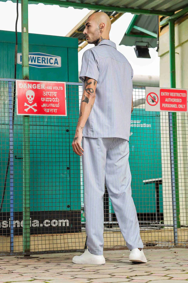 Grey Jacquard Textured Korean Streetwear Notched Lapel Collar Shirt & All Day Pants Striped Co-ord Set