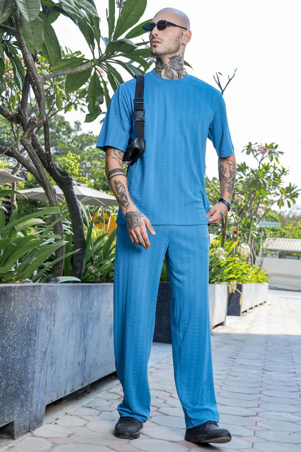 Blue Textured Oversized Round Neck Tee & Track Pant Co-ord Set