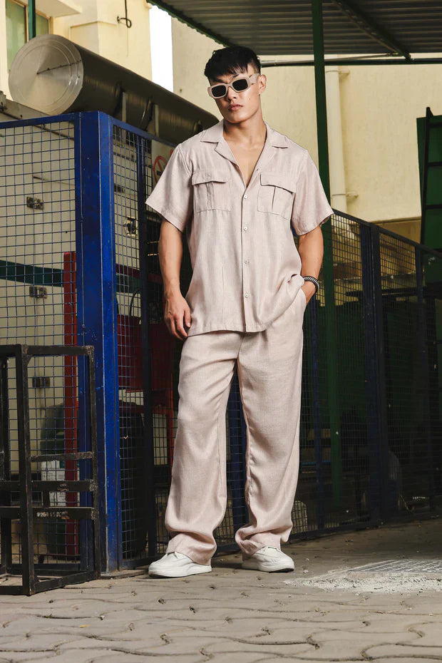 Champagne Beige Linen Casual Relaxed Fit Short Sleeve Shirt & Gurkha Pants Co-Ord Set