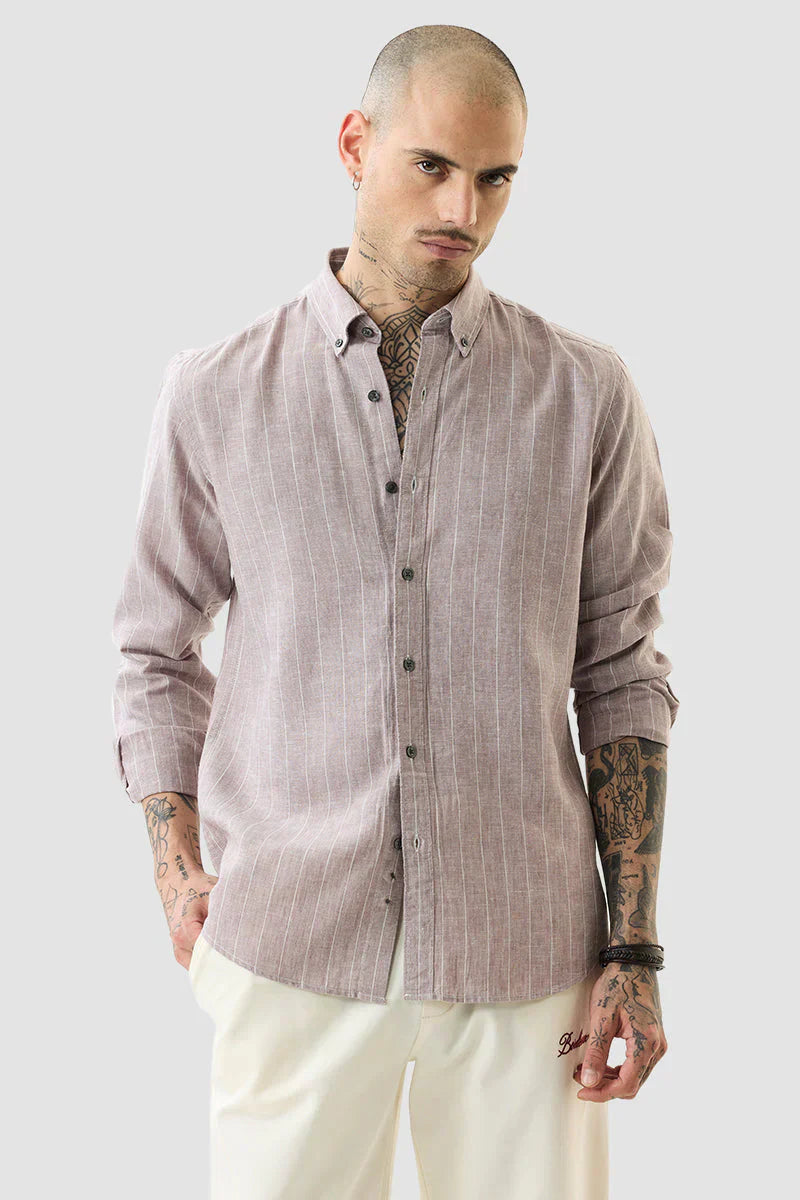 Light Brown Stripes Slim Fit Linen Blend Shirt