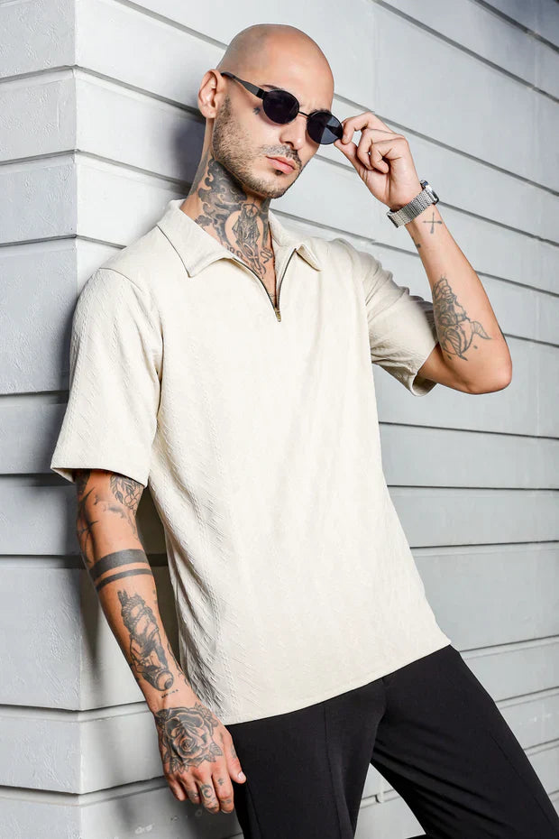 Unisex White Textured Oversized Polo Neck Tee & Trackpant Co-ord Set