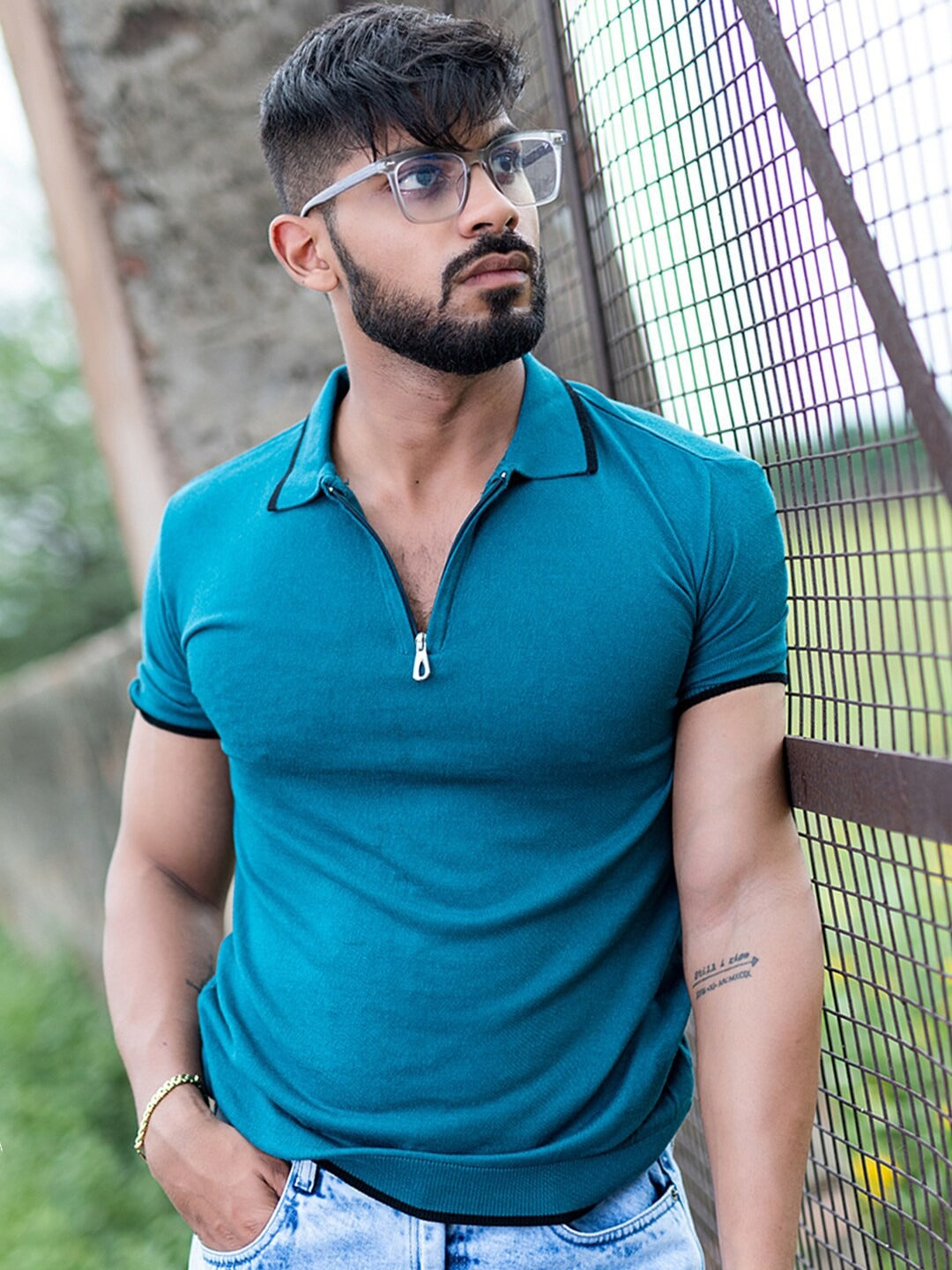 Blue Polo Collar Cotton T-Shirt for Men