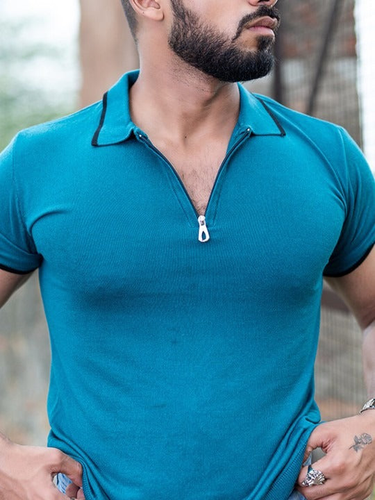 Blue Polo Collar Cotton T-Shirt for Men