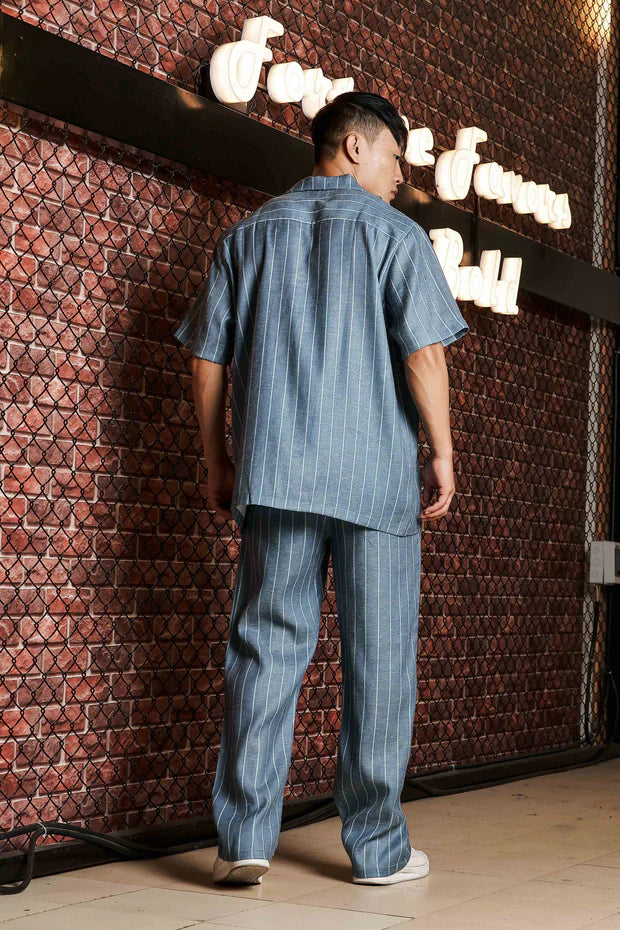 Blue Linen Blend Casual Relaxed Fit Short Sleeve Shirt & Gurkha Pants Co-Ord Set