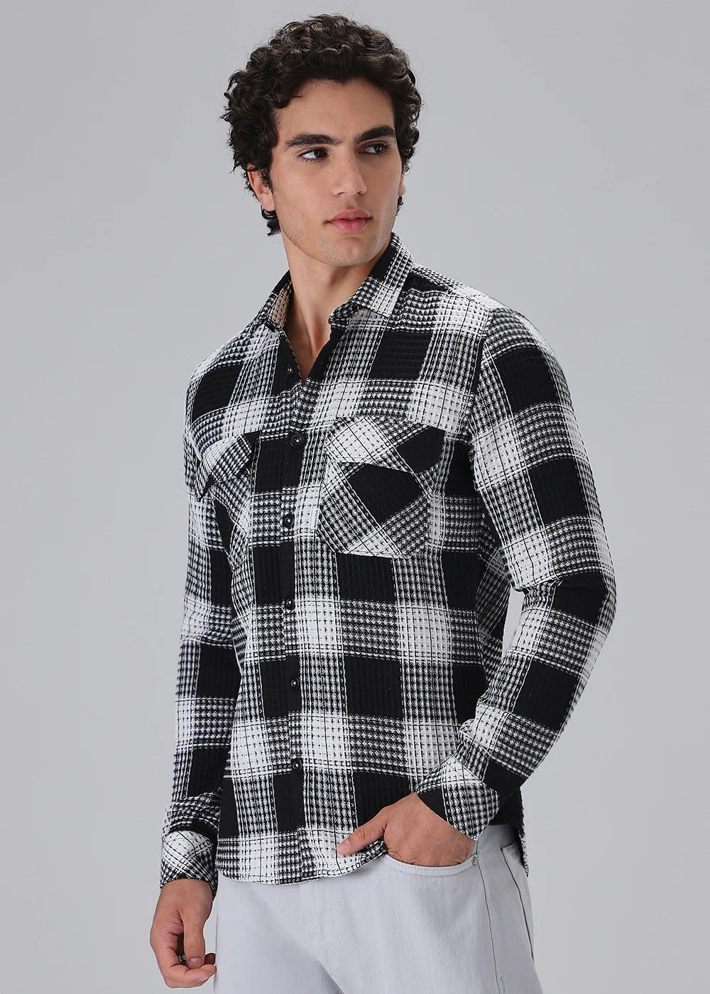 Black & White Waffle Plaid Check Shirt | Textured Style with Classic Edge