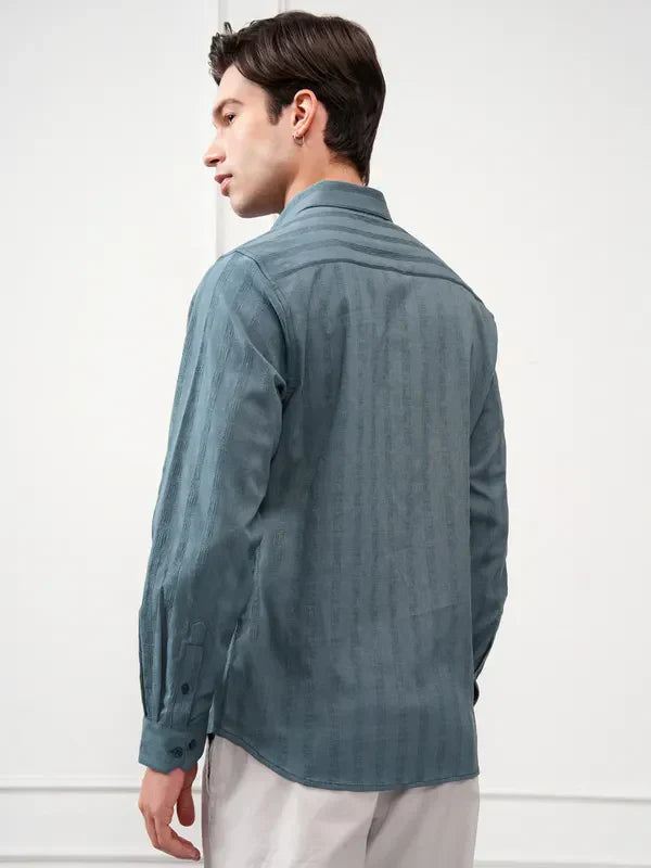 Highlander Men Teal Striped Slim Fit Casual Shirt