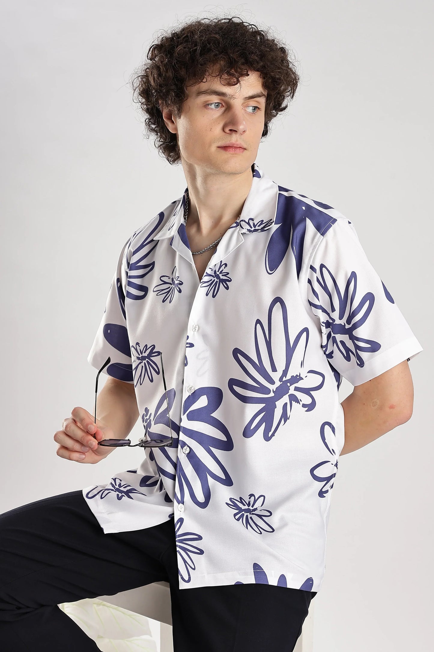 White floral printed hawaiian shirt