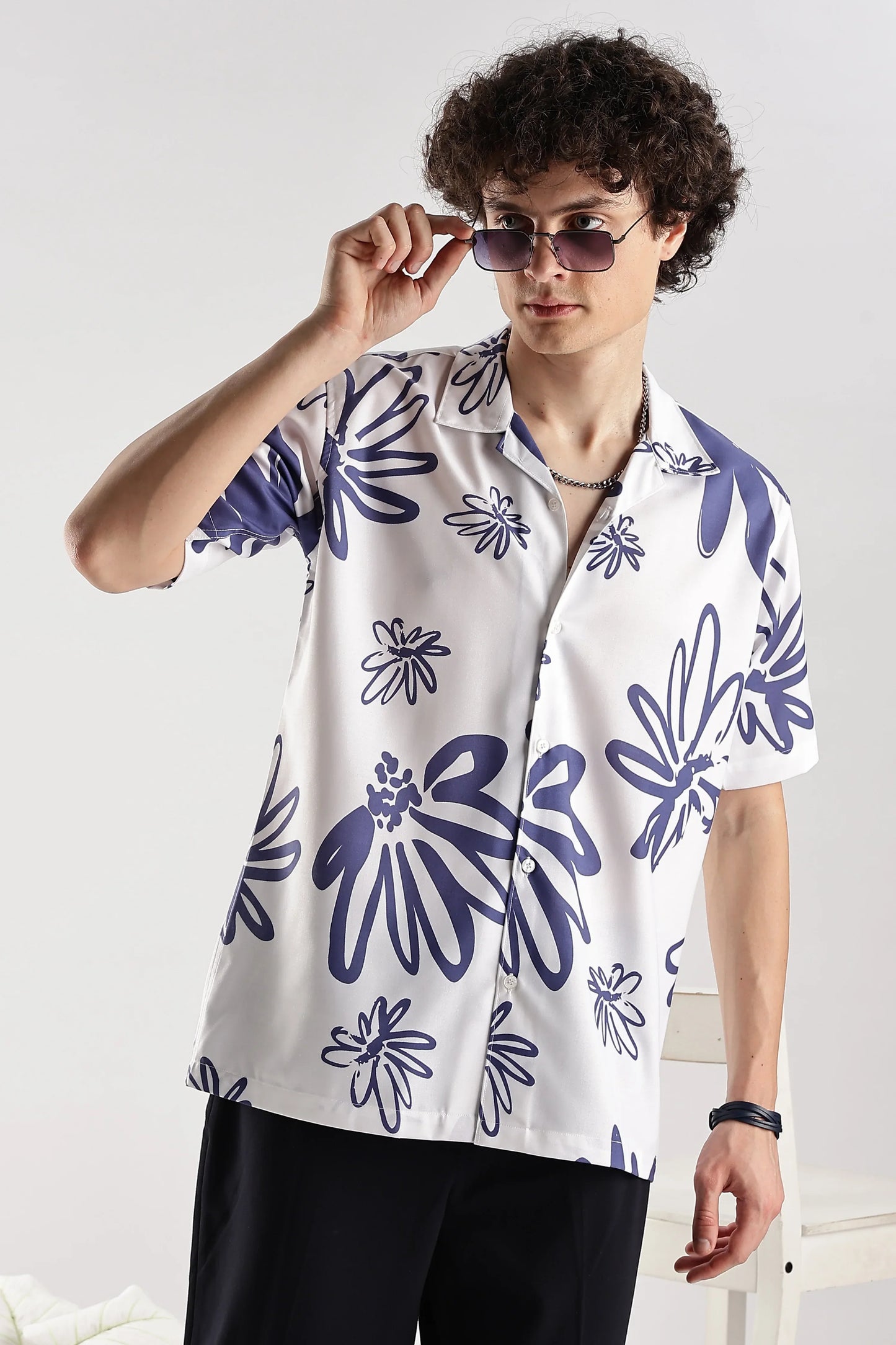 White floral printed hawaiian shirt