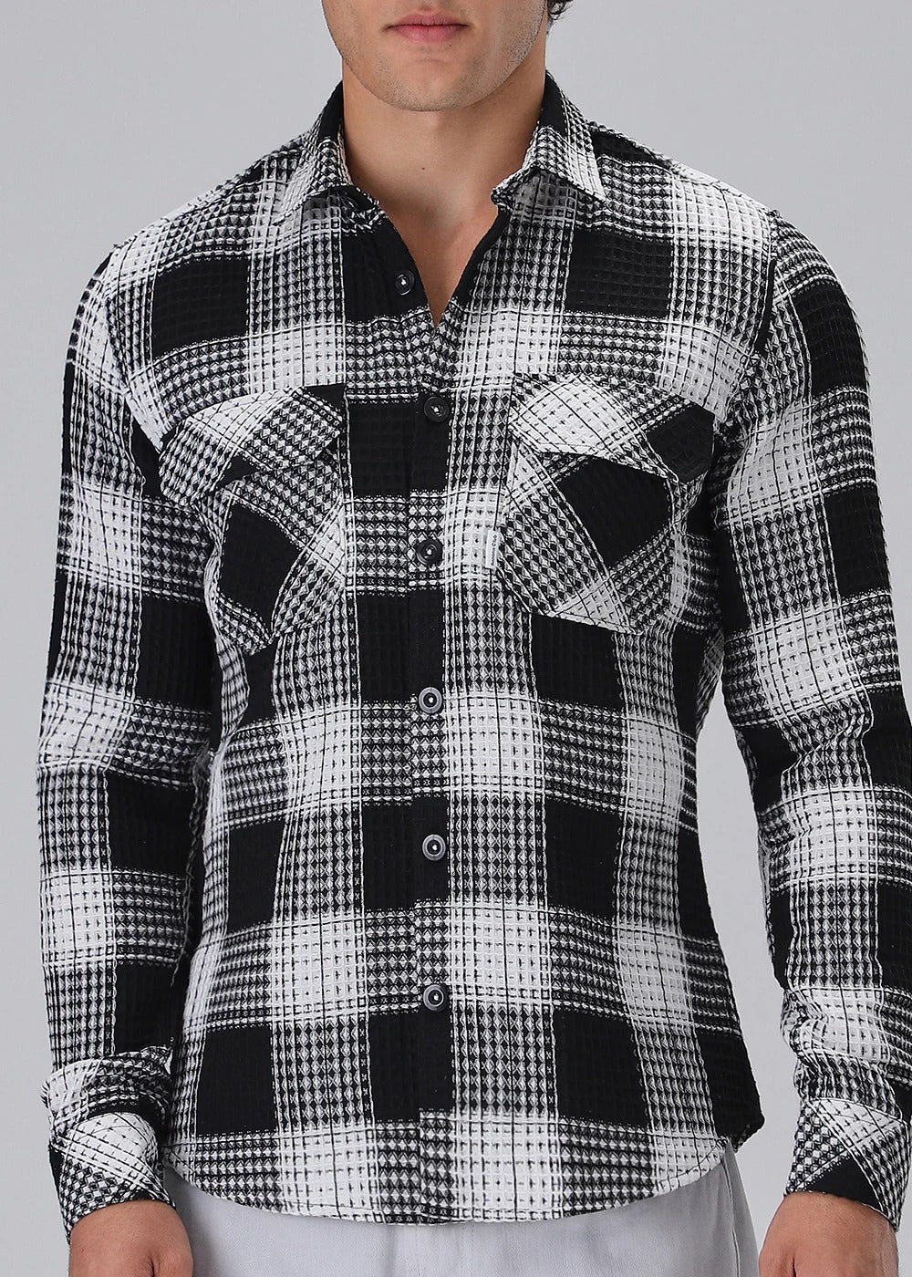 Black & White Waffle Plaid Check Shirt | Textured Style with Classic Edge
