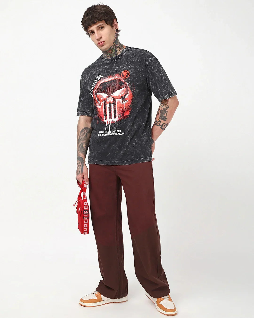 Men's Black Punisher Graphic Printed Oversized Acid Wash T-shirt