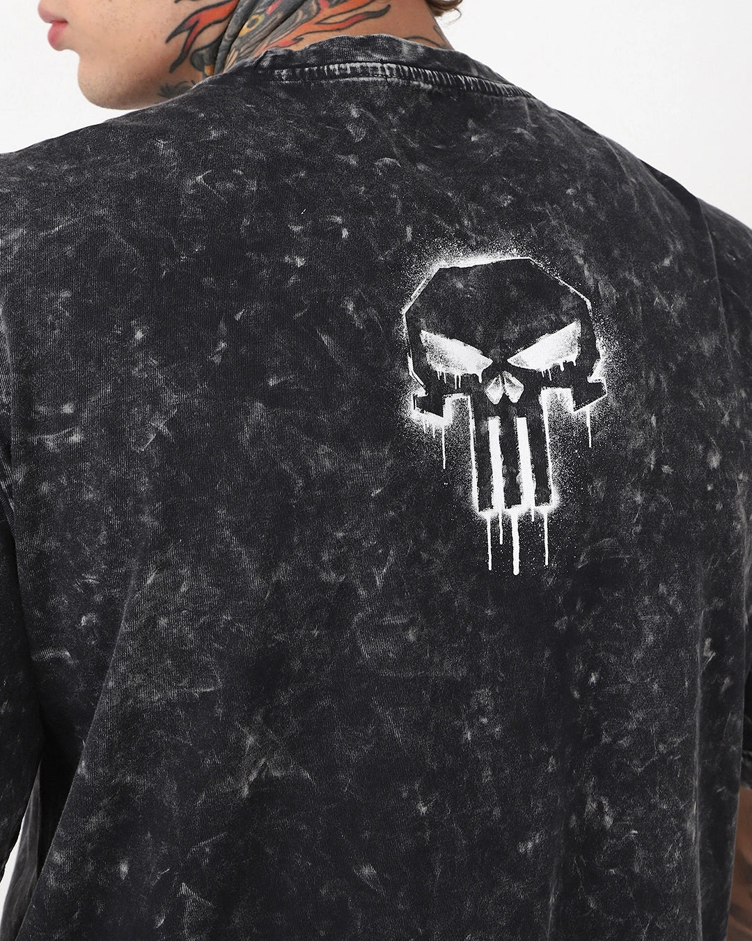 Men's Black Punisher Graphic Printed Oversized Acid Wash T-shirt