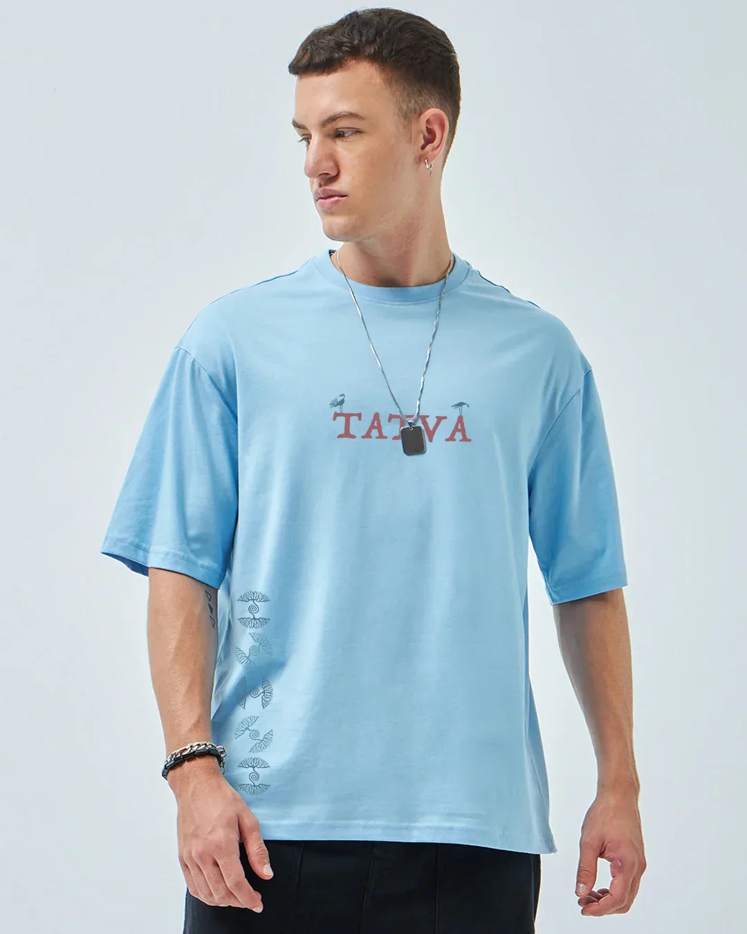 Men's Chambray Blue Tatva Doodles Graphic Printed Oversized T-shirt
