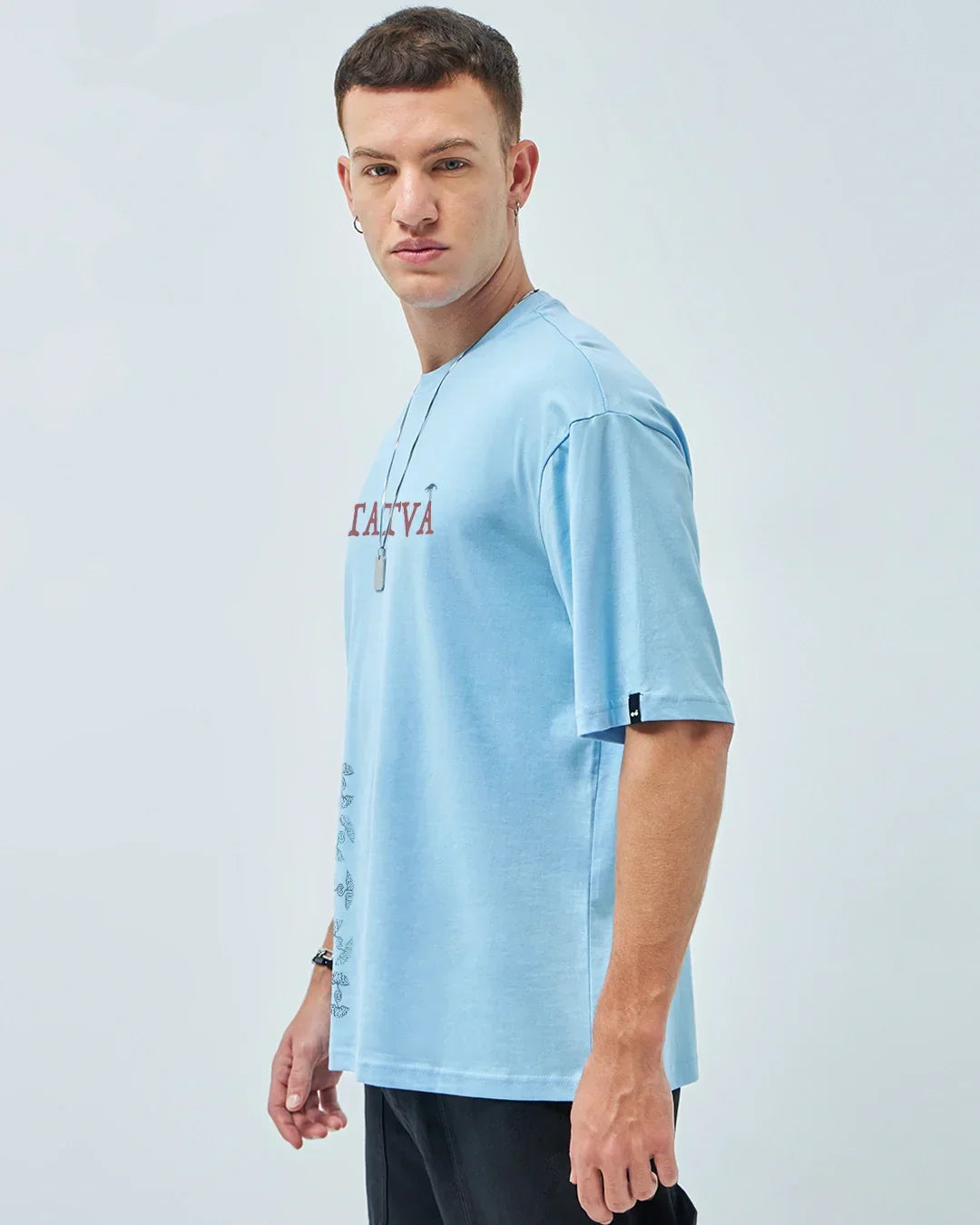 Men's Chambray Blue Tatva Doodles Graphic Printed Oversized T-shirt